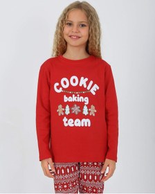 Resim Kız Çocuk Uzun Kollu %100 Pamuklu Pijama Takımı Cookie Team Kırmızı 
