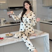Resim Sonbahar Yeni Kadınlar İçin Şirin Kalp Baskılı Fransız Tarzı Zarif Ev Kıyafeti Seti - Düğmeli Yaka Uzun Kollu Gömlek + Rahat Kırpılmış Pantolon İlkbahar Sonbahar 