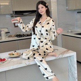 Resim Sonbahar Yeni Kadınlar İçin Şirin Kalp Baskılı Fransız Tarzı Zarif Ev Kıyafeti Seti - Düğmeli Yaka Uzun Kollu Gömlek + Rahat Kırpılmış Pantolon İlkbahar Sonbahar 