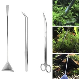 Resim 3'ü 1 arada Paslanmaz Çelik Akvaryum Araçları Seti, Dayanıklı Metal, Manuel İşletim, Uzun Saplı Çim Kesici, Makas, Pense ile Akvaryum için 
