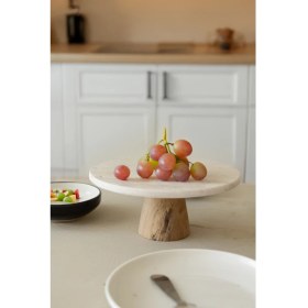 Resim Akayev Traverten 28 cm Ahşap Konik Ayaklı Yuvarlak Sunumluk 