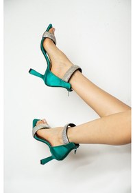Resim Kadın Abiye Taşlı Kalın Tek Bantlı Fermuarlı Küt Burun İnce Yüksek Topuklu Gece Ayakkabı 02 Yeşil 