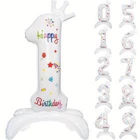 Resim 81.28 cm beyaz duran taç dijital alüminyum film doğum günü partileri, doğum günü toplantıları, yıldönümleri, düğünler, mezuniyet yıldönümleri, kutlama süslemeleri için uygun, 2 adet Mutlu Yıllar balonları 