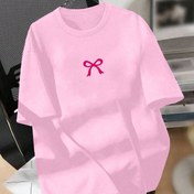 Resim Kadınlar için Rahat Pembe T-Shirt, Yay Baskılı - Yumuşak Polyester, Düşük Omuz, Kısa Kollu, Rahat Kesim, Makinede Yıkanabilir, Yaz için Mükemmel, Sevimli T-Shirt'ler 