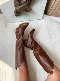 Resim SHOEBOURNE Taba Deri Western Tarzı Dizaltı Uzun Kadın Çizme 