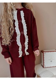 Resim Miniko Kids Kız Çocuk Hırkalı Güpürlü Düğmeli Triko Takım Bordo 