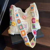 Resim Renkli Örgü Çiçekli Omuz Çantası - Büyük Kapasiteli Tığ İşi Tote Canlı Ayçiçeği Tasarımı ile, Günlük Kullanım için Mükemmel, Plaj Tatilleri veya Her Gün Kullanım için Kumaş, Plaj Taşıma Cüzdanı | Etnik Tarz Cüzdan | Astarsız İç Mekan, Plaj Çantası 