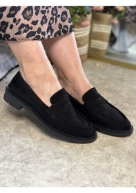 Resim Günlük Kadın Düz Loafer Klasik Desenli Taban Zincirli Oval Burunlu Makosen Sade Şık Ayakkabı 130 Siyah- Süet 
