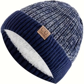 Resim Erkek Spor Örgü Şapka Tüm Mevsimler İçin Uygun, Yama ile - Deniz Mavisi ve Beyaz Çizgili Kış Şapkası, Kalınlaştırılmış Sıcak Kulak Koruması, Yumuşak Puf Lining, Yıkanabilir Soğuk Dirençli Şapka, Örgü Başlık ile Kabartmalı Dokuma, Dayanıklı Dikiş, Rahat Kıyafet. 