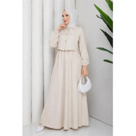 Resim Neşeli Butik Kadın Bej Gömlek Detaylı Maxi Boy Çizgili Tesettür Elbise NBFT011 