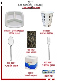 Resim Koza End 100'lü Piknik Seti - 3 Göz Köpük Tabak - Plastik Çatal Kaşık - Karton Bardak - Islak Mendil - Peçete 