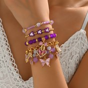 Resim 5'li Bohem tarzı saf el yapımı boncuklu kelebek aşk kilidi anahtar kolye süslemeli çok katmanlı renkli cam boncuk elastik bilezik seti, günlük giyim ve herhangi bir durum için uygun şık parlayan kadın moda el zinciri takı seti, Sevgililer Günü'nde ona mükemmel hediye de olabilir (el yapımı boncuk stilleri rastgeledir) 