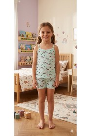 Resim elmas kids Kız Çocuk Pamuklu Gökkuşağı Kalp Yıldız Desenli Yeşil Atlet Boxer Takımı 