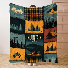 Resim Orta Yüzyıl Stili Dış Mekân Patchwork Flanel Atkı - Yumuşak Polyester Örgü, Tüm Mevsim, Dijital Baskı, Dağ ve Orman Tasarımı, 200-250g Hafif Kapağı için Yatak, Kanepe, Ofis, Kamp 
