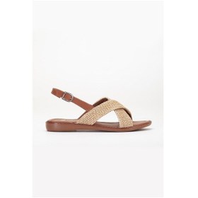 Resim Kadın Düz Topuklu Sandalet Bej Hasır Çapraz Bantlı-3837 Bej 