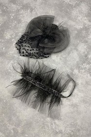 Resim Genel Markalar Parti Aksesuarı Puantiyeli Siyah Nikah Kepi Ve Asvel Bilek Gelin Aksesuarı 