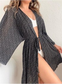 Resim Pink Life Siyah Tül Üzeri Golf Baskılı Likralı Kimono Tarzı Pareo-siyah Siyah 