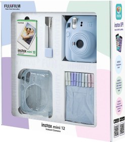 Resim Fujifilm Instax Mini 12 Fotoğraf Makinesi + 10'lu Film + Simli Pleksi Kılıf + Mandal + Kıskaçlı Resim Standı Bundle Mavi 