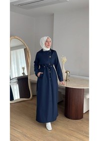 Resim Esra Butik78 Şık Kesim Astarlı Trençkot Kendi Kumaşından Kemerli Tesettür Model Lacivert 
