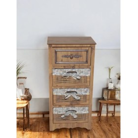 Resim Ahşap 4 Çekmeceli Hasır Görünümlü Yıkanabilir Bezli Sebzelik (Atlantik Çam) 