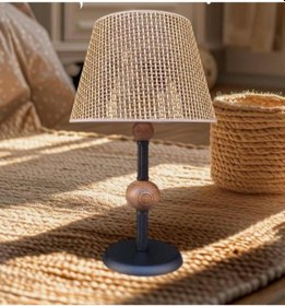 Resim Çift Ahşaplı Abajur Siyah Rattan Kahve Rengi Şapkalı Siyah 