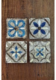 Resim Doğal Taş Bardak Altlığı Hint Desenler Baskılı 4'lü Set Çok Renkli 