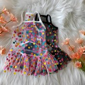 Resim Kediler ve Köpekler için Renkli Polka Dot Pet Sundriesuit - Ruffled Detaylı Siyah ve Beyaz Strap Etek, Nefes Alabilen Polyester, Tüm Mevsimler İçin Mükemmel, Tüm Mevsimler Kıyafeti | Canlı Pet Giyim | Parlak Dokulu 