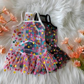 Resim Kediler ve Köpekler için Renkli Polka Dot Pet Sundriesuit - Ruffled Detaylı Siyah ve Beyaz Strap Etek, Nefes Alabilen Polyester, Tüm Mevsimler İçin Mükemmel, Tüm Mevsimler Kıyafeti | Canlı Pet Giyim | Parlak Dokulu 
