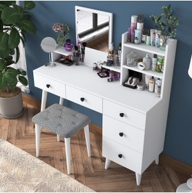 Resim Rani Mobilya Bj101 Makyaj Masası 5 Çekmeceli Raflı Aynalı Takı Düzenleyici Puf Takım Beyaz 