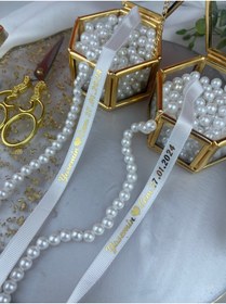 Resim Grogren İsim Yazılı Nişan Kurdelesi - İncili ve Beyaz Söz Kurdelesi | Damat Kahvesi Peçete Hediyeli 