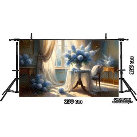 Resim Venspor Lüks Salon Temalı Arkaplan, Mavi Çiçekler ve Altın Detaylar ile 200x150cm Fon, Duvar Örtüsü 