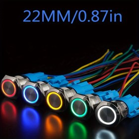 Resim 0.87 inç/22mm Paslanmaz Çelik Kilitli/Anında Kendiliğinden Kilitlenmeli/Kendiliğinden Kurtarabilen Düğme 12V-24V LED 1NO1NC SPDT Açma/Kapama Düğmesi ile Tel Soket Fişi Mavi LED 