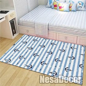 Resim Gemici Çapa Desenli Çocuk Odası Halısı Kaymaz Taban Yıkanabilir Denizci Halı (160 x 160 (Kare)) 