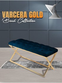 Resim Gazzini furniture Varcera Gold Bench Çapraz Metal Ayaklı Kapitoneli Model Mavi Puf 