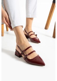 Resim Albishoes Kadın Kare Topuklu 5 Cm Rugan Arkası Açık Sivri Burun Ayakkabı Alçak Topuk Kadın Ayakkabı Bordo 