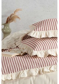 Resim Kırmızı Bej % 100 Pamuk Fırfırlı Çift Kişilik Nevresim Takımı Çok Renkli 