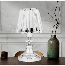 Resim Gerçek Kristal Cam Başlık Krom Metal Gövdeli Yatak Odası Abajur Salon Lambası Krom 
