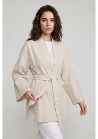 Resim Saade Sââde Kadın Dikey Çizgili Geniş Kollu Şık Yazlık Relaxed Kimono Bej 