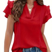 Resim Kadınların şık kırmızıya v-kuşaklu bluzu, ruffled kısa kollu - Şık günlük iş tarzı, polyester, tüm mevsimler için ofis veya günlük kıyafet için uygun, çok yönlü moda parçasıdır | Ruffled Sleeve Top | Parlak dokulu 