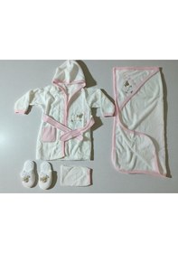 Resim Sevimli Kuzu Nakışlı Bornoz Seti %100 Pamuktan. 4 Parça 0-3 Yaş Beyaz - Pembe 