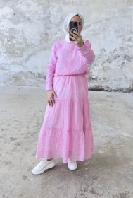 Resim Rahat Kesim Beli Lastikli Kat Kat Uzun Etek 5213 - Pembe - Pembe / L-XL 