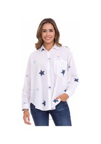 Resim Cipo & Baxx WH127 Yıldız Detaylı Oversize Keten Gömlek Beyaz 