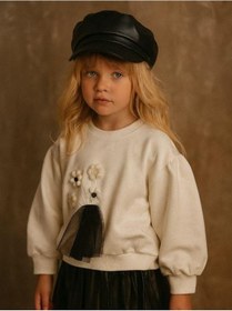 Resim Kız Çocuk Pamuklu Örme Nakışlı Tüllü Sweatshirt-16218 KREM 