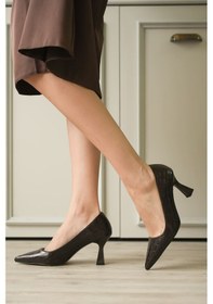 Resim Luvia Acı Kahve Kroko Desenli Sivri Burun Orta Topuklu Kadın Stiletto Kahverengi 