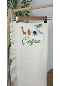 Resim Gros Shop Müslin Yeni Doğan 4katlı Organik %100pamuk Kişiye Özgü Nakışlı Hastane Çıkış Seti-safari Model-2 Ekru 