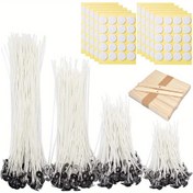 Resim 250 adet Mum Yapım Aracı Seti DIY Mum Fitilleri Mum Fitilleri Tabanı Balmumu Çekirdeği Sabitleme Etiketleri Balmumu Çekirdeği Sabitleyici Karıştırıcı 100 adet Fitil+100 adet 10mm Etiket+50 adet Ahşap Tutucu 