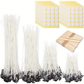 Resim 250 adet Mum Yapım Aracı Seti DIY Mum Fitilleri Mum Fitilleri Tabanı Balmumu Çekirdeği Sabitleme Etiketleri Balmumu Çekirdeği Sabitleyici Karıştırıcı 100 adet Fitil+100 adet 10mm Etiket+50 adet Ahşap Tutucu 