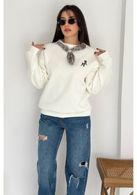 Resim Kadın Dekoratif Yakalı Likralı Sweatshirt Konforlu & Karakterli Stil Ekru 