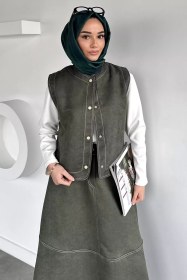 Resim Bisiklet Yaka Body Süet Yelek Etek Tesettür Üçlü Takım Haki TZL-P-00020275 