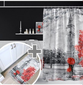 Resim Bigben Londra Desenli Baskılı Banyo Perdesi ve Paspası, 180x200 Duş Perdesi ve Banyo Paspası Takımı Siyah 